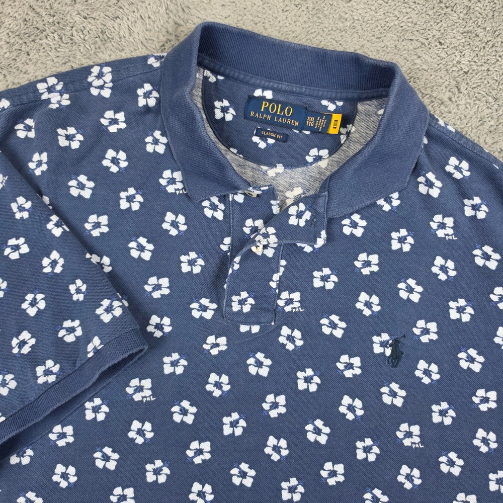 Polo Ralph Lauren Polo Shirt Mens XXL Blue Hibiscus Floral Classic Fit Cotton